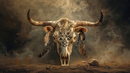 A cow skull decorated with runic symbols and feathers serving as a focal point on a dusty altar. .