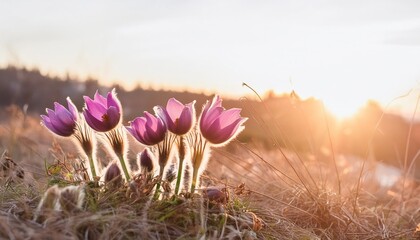 spring background with flower beautiful nature at sunset in spring time pasque flower pulsatilla...