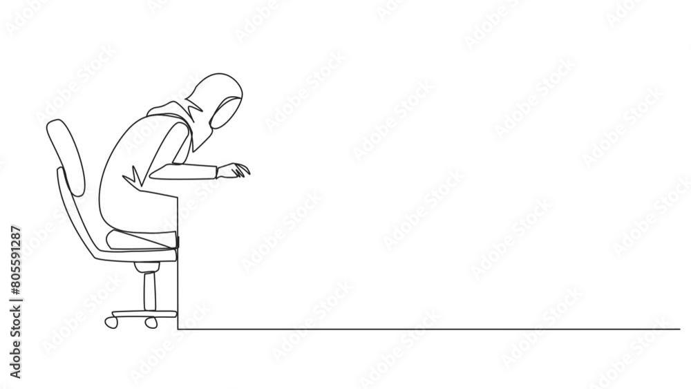 Poster self drawing animation of one line drawing arabian businesswoman sitting and typing on laptop comput
