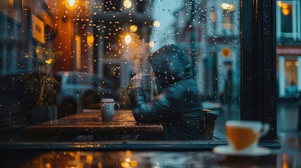 A cozy coffee shop window with warm light spilling out onto a rainy street. A person sits inside with a steaming cup, peering out through the rain-streaked glass
