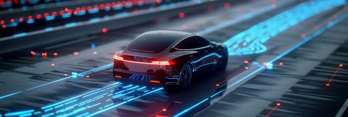 3D illustration of A self safely driving car on the highway with blue digital lines and data visualizations