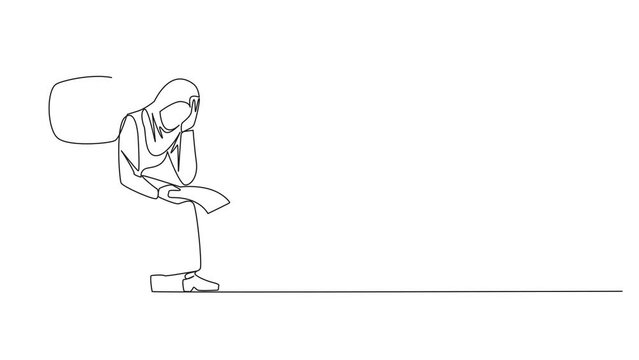 Animation of continuous line drawing sad Arab businesswoman sit limply in the chair. Pensively holding a piece of bill paper. The large of receivables, business will collapse. Full length motion