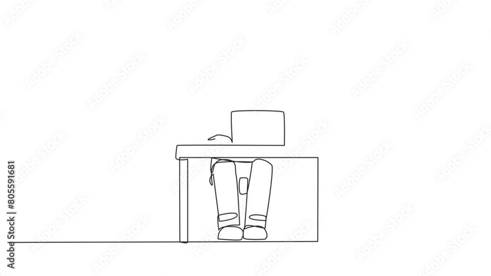 Poster animated self drawing of single continuous line drawing astronaut sitting and typing on the laptop c