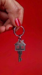 Hand holding house key on isolated background. Real estate, new home concept. Generative AI.