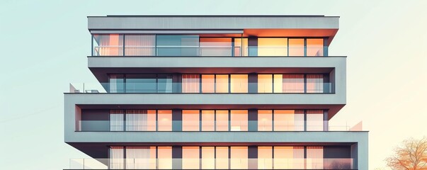 Create a minimalist building clipart at a subtle tilted angle, featuring clean lines and muted tones, ideal for professional presentations needing a touch of sophistication