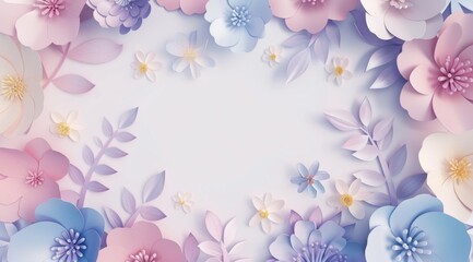 3d paper cut style, pastel color background , flowers around the wordings, white space in center of composition for product display