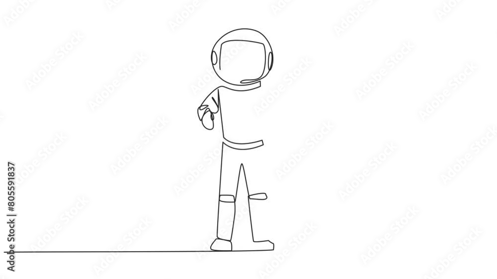 Poster animated self drawing of single continuous line drawing young astronaut standing straight. survive i