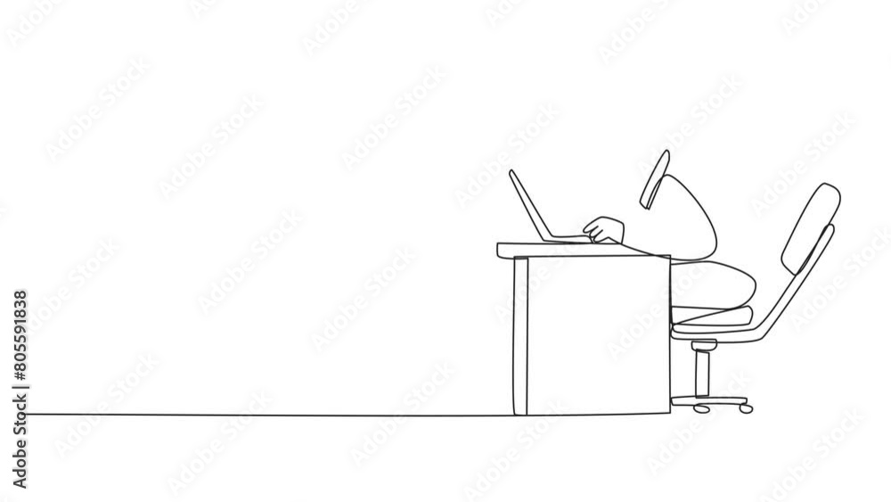 Poster animation of single line drawing astronaut sitting and typing on a laptop computer. work hard to ach