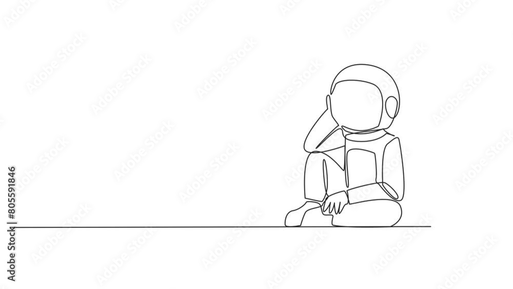 Poster self drawing animation of continuous line drawing astronaut sitting near piles of work files. too mu