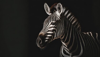 a black and white photo of a zebra standing in the middle of a studio photo with its head turned to the side