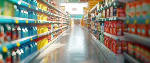 3D render of a supermarket interior with shelves full filled of products and a long empty corridor for carts, blurred background