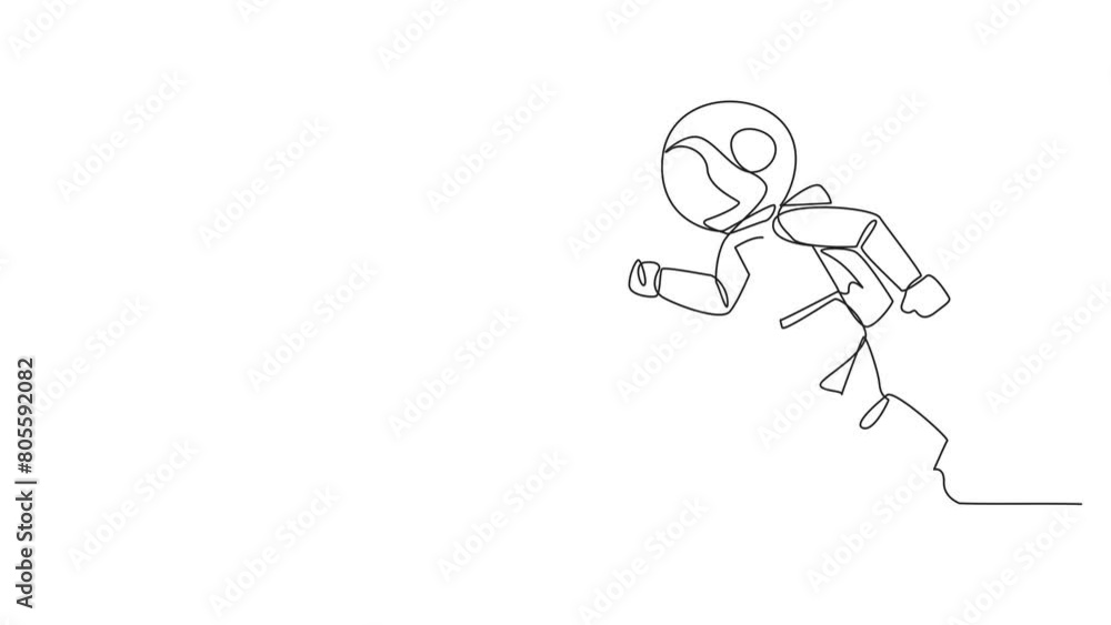 Poster animation of continuous one line drawing young astronauts doing light exercise. running aims to main