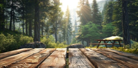 Obraz premium An 3d render of wooden table top with forest camping background
