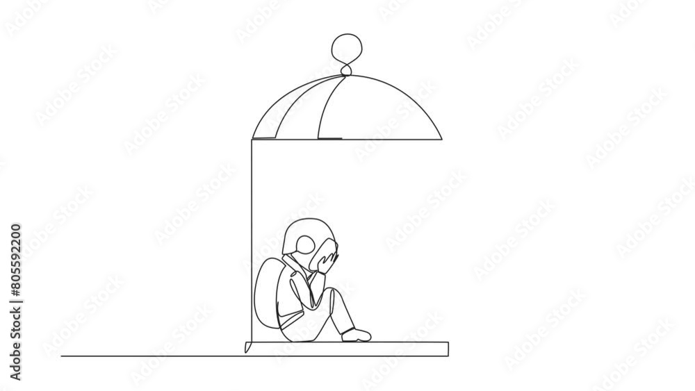 Poster animation of single continuous line drawing young astronaut trapped in a cage sitting and covering f