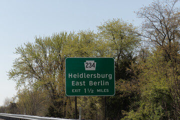 exit sign on US-15 for PA-234 toward Heidlersburg and East Berlin, Pennsylvania