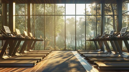 3D rendering of an interior gym with many running machines in the morning light. - Powered by Adobe