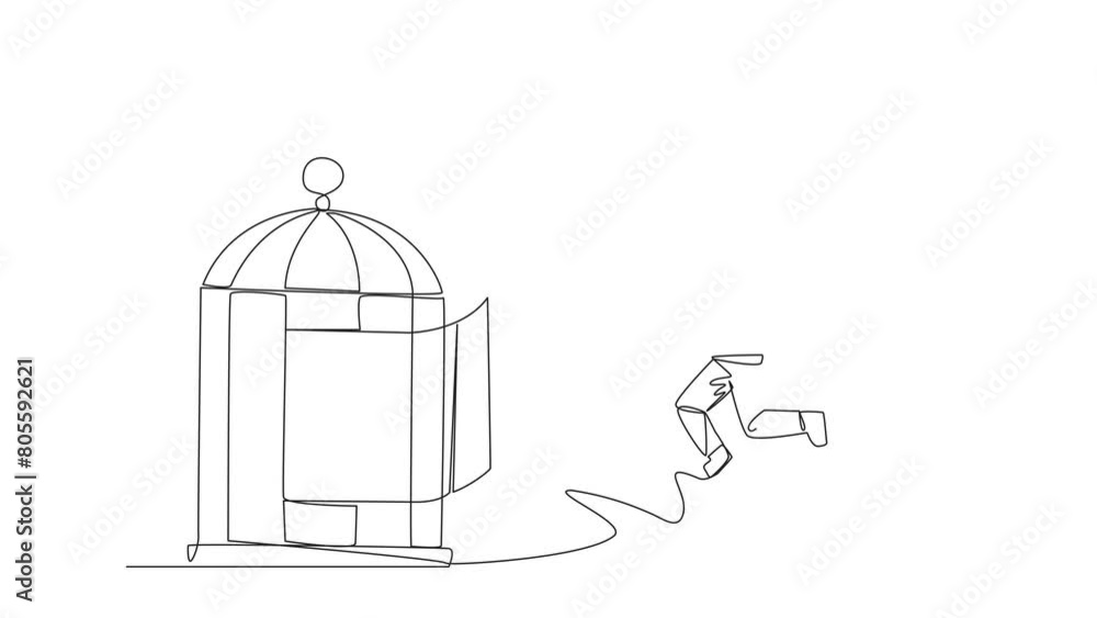 Poster self drawing animation of single continuous line drawing big hands holding astronaut and want put in