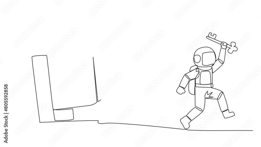 Poster animation of single continuous line drawing young astronaut running out of the cage holding the key.