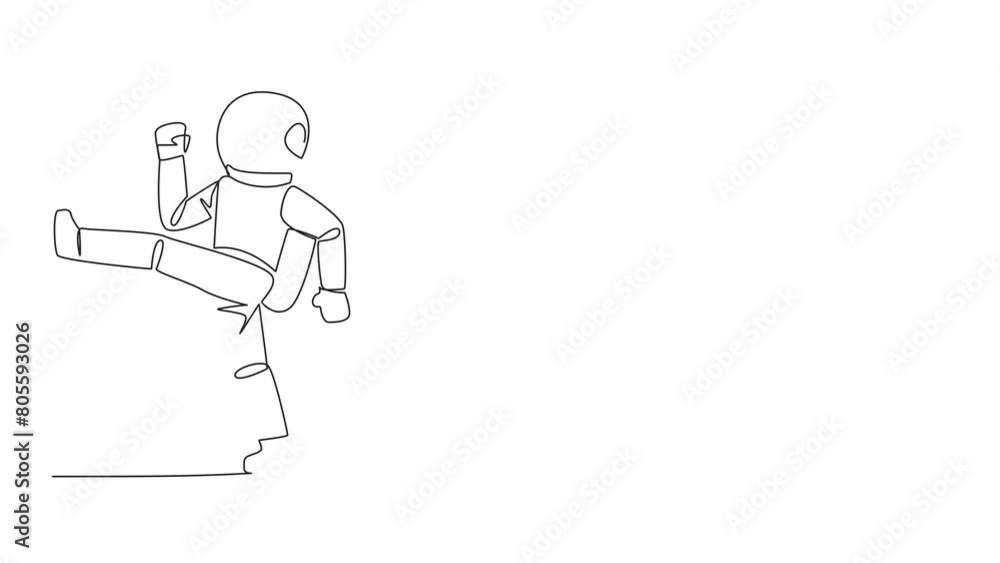 Poster animation of continuous line drawing astronaut doing kicking motion. stretch before office hours sta