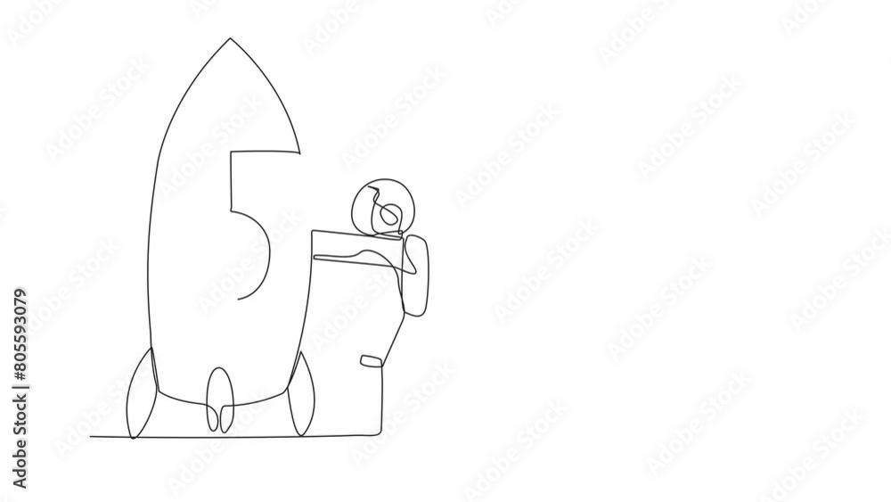 Poster animated self drawing of single line drawing astronaut and rocket. get ready to ride rocket that wil