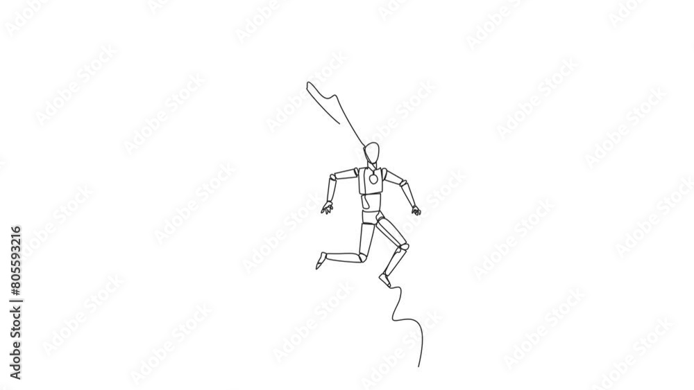 Poster animated self drawing of single continuous line drawing big hand holding smart robotic. workplace mo