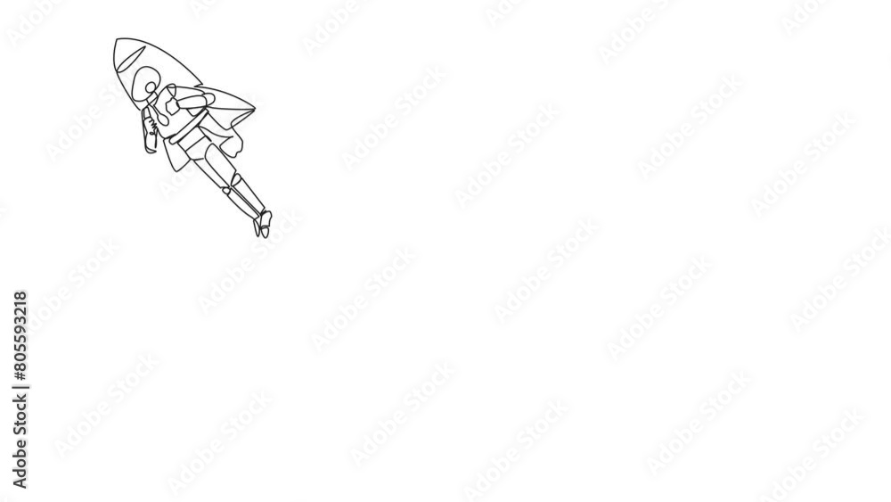 Poster self drawing animation of single line drawing smart robot flying with rocket. desire to take the bus