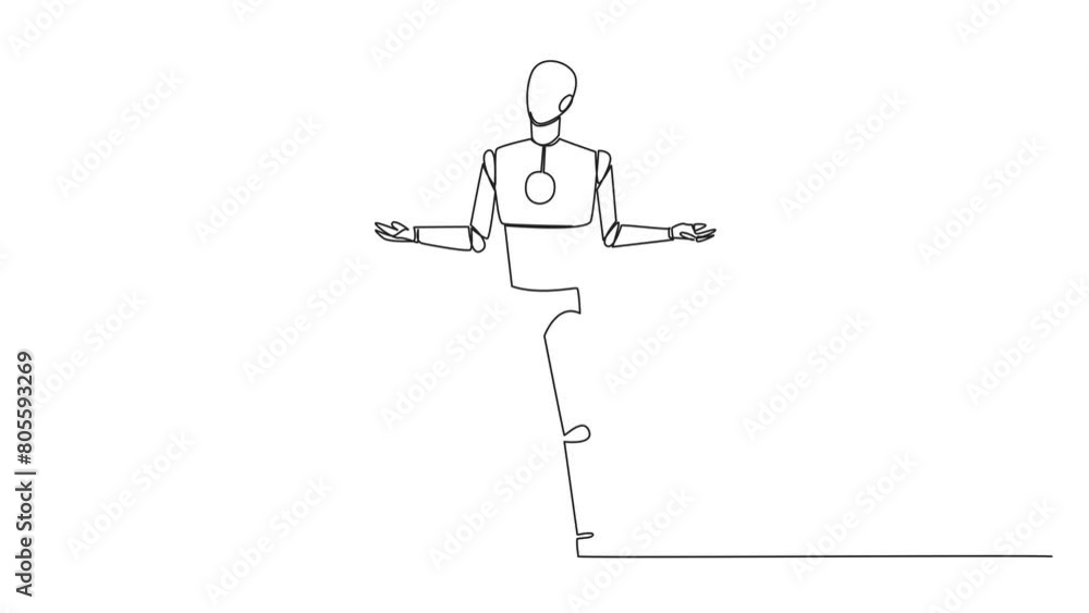 Poster animation of continuous line drawing smart robot standing straight with open arms. lonely and sadnes