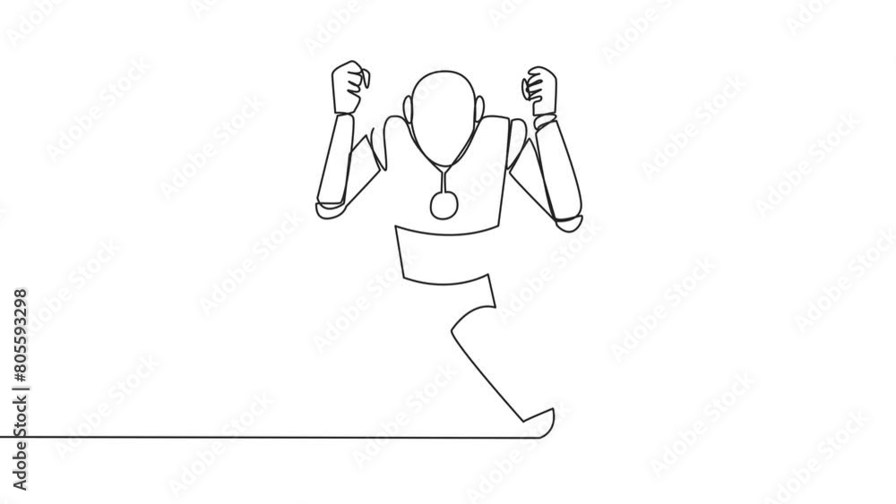 Poster self drawing animation of continuous line drawing smart robot kneeling like praying. lost hope. busi