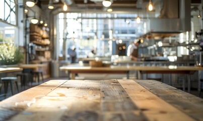 Blurred background of an empty table in the foreground and behind it is out of focus a chef with white hat, apron working at wood workbench making bread inside a bakery shop.