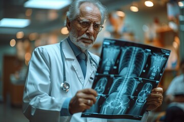 An elderly doctor examining spinal x-rays intently, with a look of concentration and concern