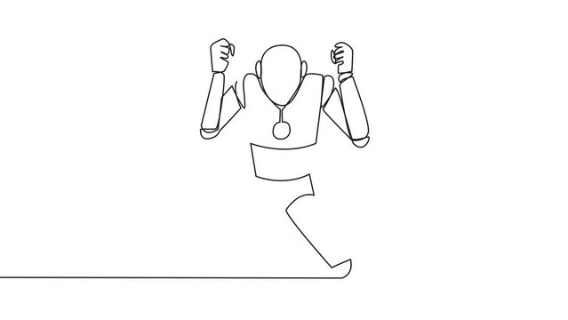 Self drawing animation of continuous line drawing smart robot kneeling like praying. Lost hope. Businesses will bankrupt if fail to get bona fide clients. Gesture of surrender. Full length animated