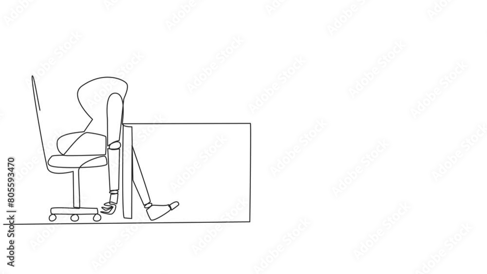 Poster self drawing animation of single line drawing robot fell asleep in front of laptop computer. fatigue