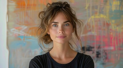 Woman Standing in Front of Rainbow Colored Wall
