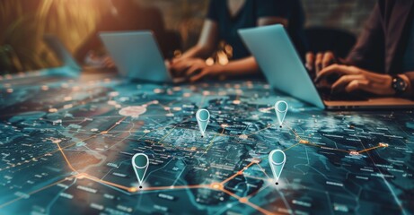 Business team using laptops to work with location pins on a digital map, in the style of big data technology concepts for global networks and connectivity, travel social media marketing.