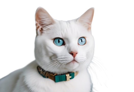 Close up portrait of a white cat with heterochromia odd eyes looking directly at viewer isolated on transparent background