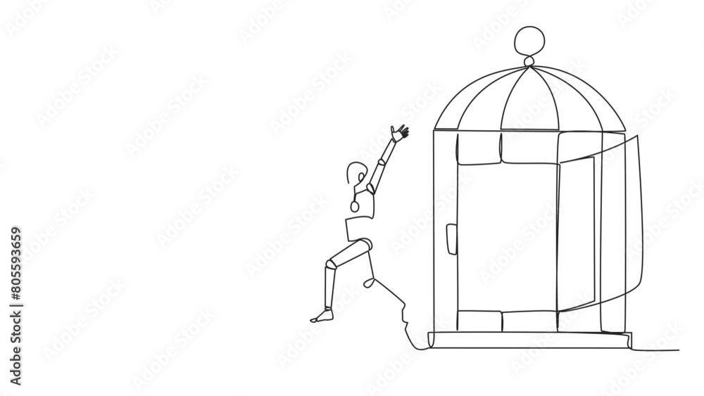 Poster animation of one line drawing smart robot who was free by colleague from the trap of a cage. teamwor
