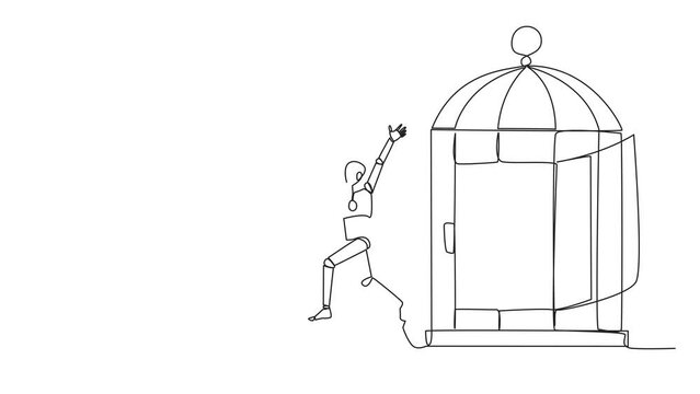 Animation of one line drawing smart robot who was free by colleague from the trap of a cage. Teamwork metaphor. Growing business together. Continuous line self drawing animated. Full length motion