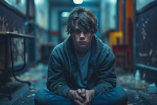 A thoughtful teen boy sits alone in a dimly lit space, looking troubled and contemplative