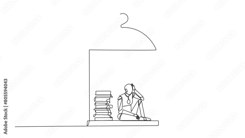Poster animated self drawing of continuous line drawing robot trapped in the cage sitting down frustrated. 
