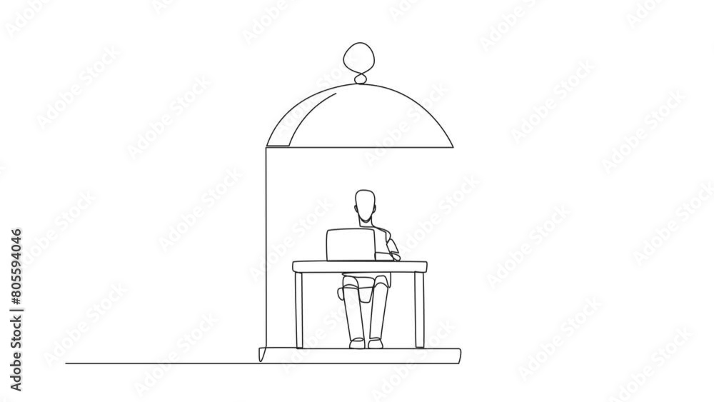 Poster self drawing animation of continuous line drawing robot trapped in the cage sitting and typing on la