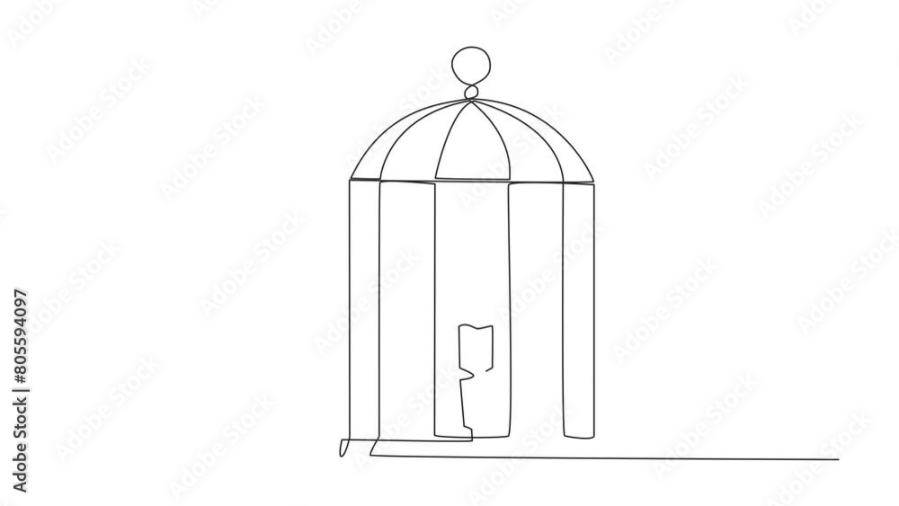 Poster animated self drawing of continuous line drawing tired robot trapped in the cage standing frustrated
