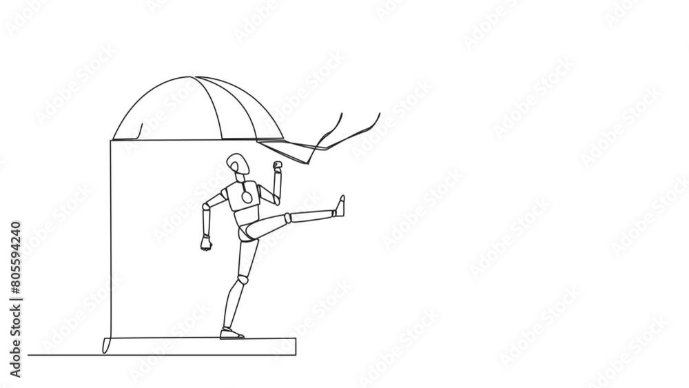 Poster self drawing animation of single line drawing robot trapped in the cage kick the caged until wrecked
