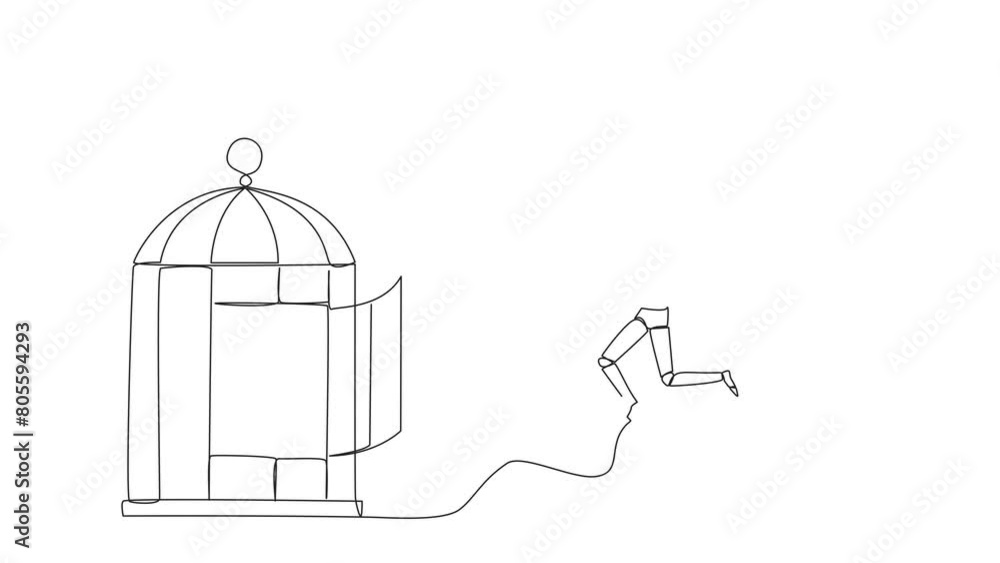 Poster animation of continuous line drawing of big hands holding robot and want put in a cage. trapping rou