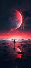 Fototapeta premium Man Standing on Beach Under Red Sky