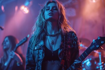 An energetic image capturing a female rock musician passionately performing with her guitar on stage