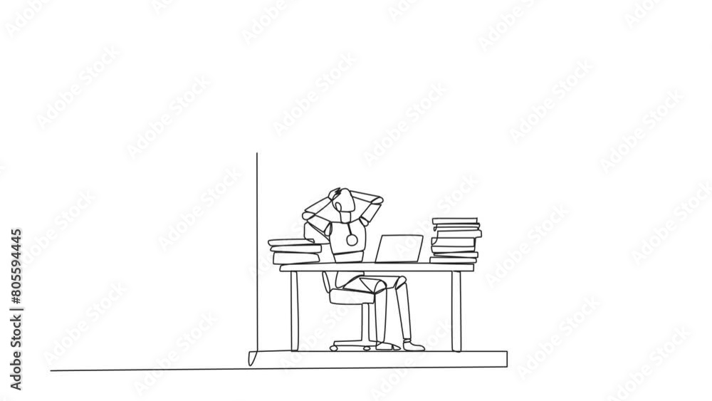 Poster self drawing animation of continuous line drawing robot trapped in cage sitting on office chair hold