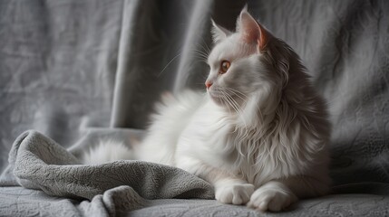 Ultra Realistic Image of a Serene White Cat on a Soft Grey Canvas, Highlighting Its Plush Fur and Tranquil Presence