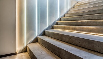 sleek concrete steps and backlit alabaster panels in minimalist hallway futuristic home interior design