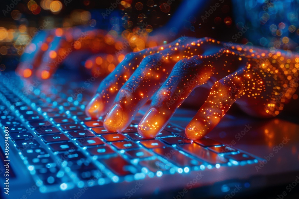 Poster a vibrant image showing hands interacting with a futuristic keyboard, symbolizing digital connectivi