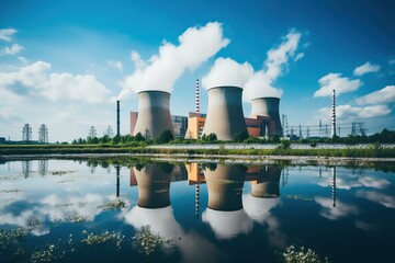 Obraz premium View of nuclear power plant with towers letting out steam from the process